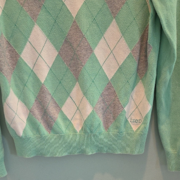 Izod Women's V-Neck Argyle Sweater - Mint, Grey & White Size Medium 100% Cotton - Picture 7 of 11